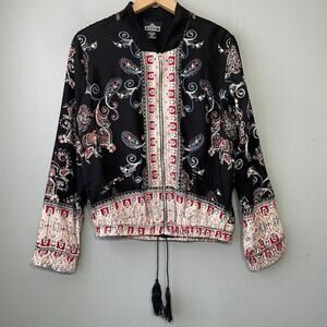 Angie Boho Bomber Jacket Size Medium Tassel Harem Batik Gypsy Bohemian Paisley